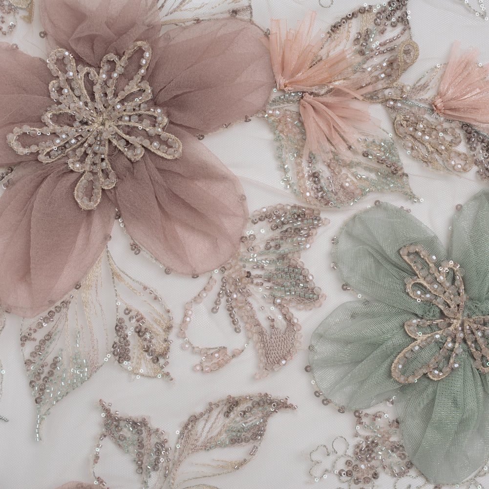 Embroidered and Beaded Tulle with 3D Applique Fabric Flowers - Taupe, Mauve, Mint and Pink Big Flowers Embroidered and Beaded Tulle with 3D Applique Fabric Flowers - Taupe, Mauve, Mint and Pink Big Flowers