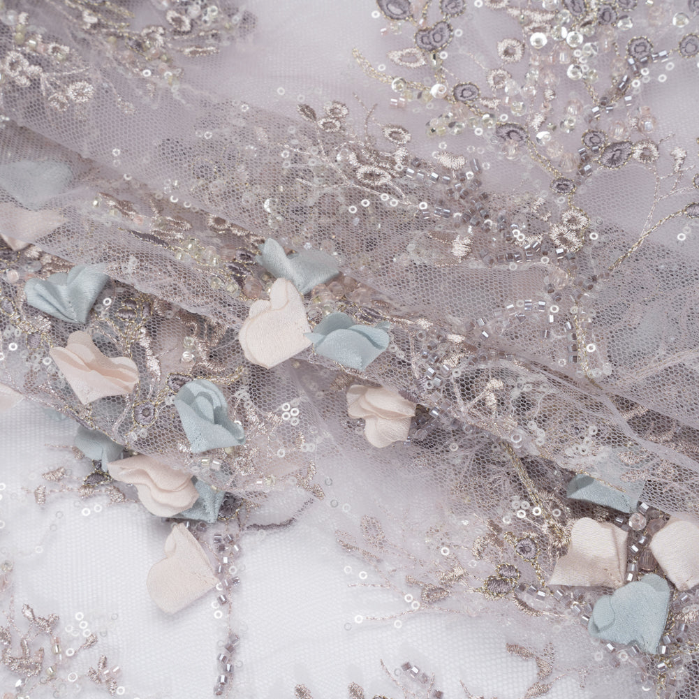 Embroidered and Beaded Tulle with 3D Satin Flowers - Lilac, Cream and Light Blue Floral Sprigs Folded Embroidered and Beaded Tulle with 3D Satin Flowers - Lilac, Cream and Light Blue Floral Sprigs Folded