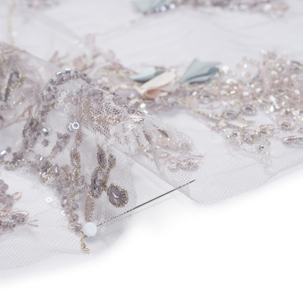 Embroidered and Beaded Tulle with 3D Satin Flowers - Lilac, Cream and Light Blue Floral Sprigs Detail Embroidered and Beaded Tulle with 3D Satin Flowers - Lilac, Cream and Light Blue Floral Sprigs Detail