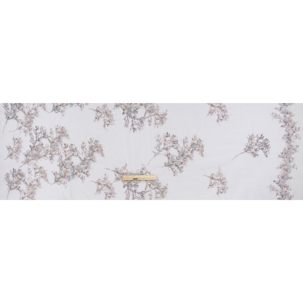 Embroidered and Beaded Tulle with 3D Satin Flowers - Lilac, Cream and Light Blue Floral Sprigs - Full Embroidered and Beaded Tulle with 3D Satin Flowers - Lilac, Cream and Light Blue Floral Sprigs - Full