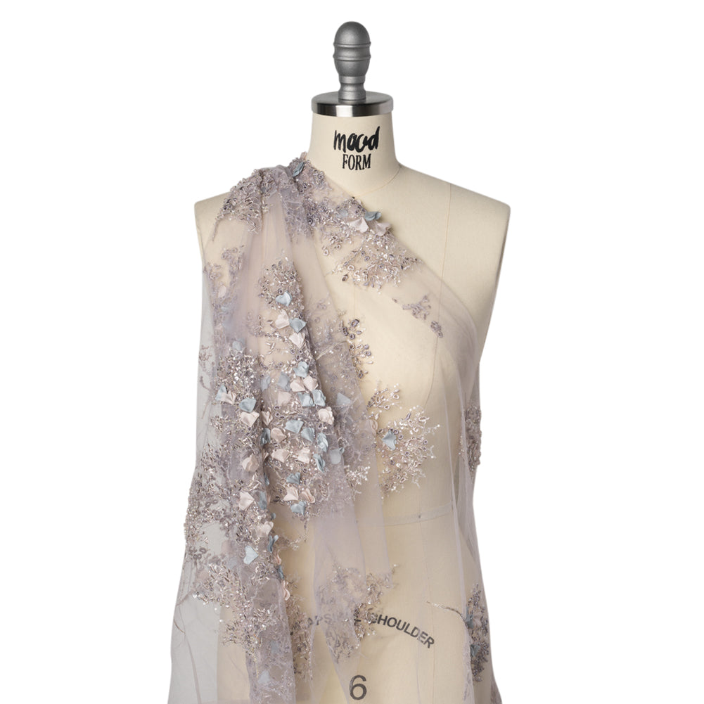 Embroidered and Beaded Tulle with 3D Satin Flowers - Lilac, Cream and Light Blue Floral Sprigs Drape Embroidered and Beaded Tulle with 3D Satin Flowers - Lilac, Cream and Light Blue Floral Sprigs Drape