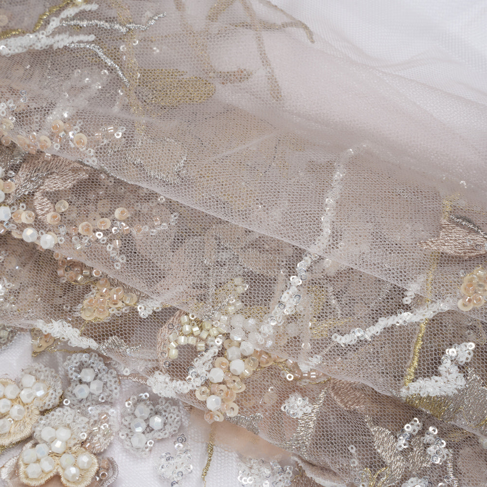 Embroidered and Beaded Tulle with 3D Satin Flowers - Taupe, Lemon and White Flowering Branches Folded Embroidered and Beaded Tulle with 3D Satin Flowers - Taupe, Lemon and White Flowering Branches Folded