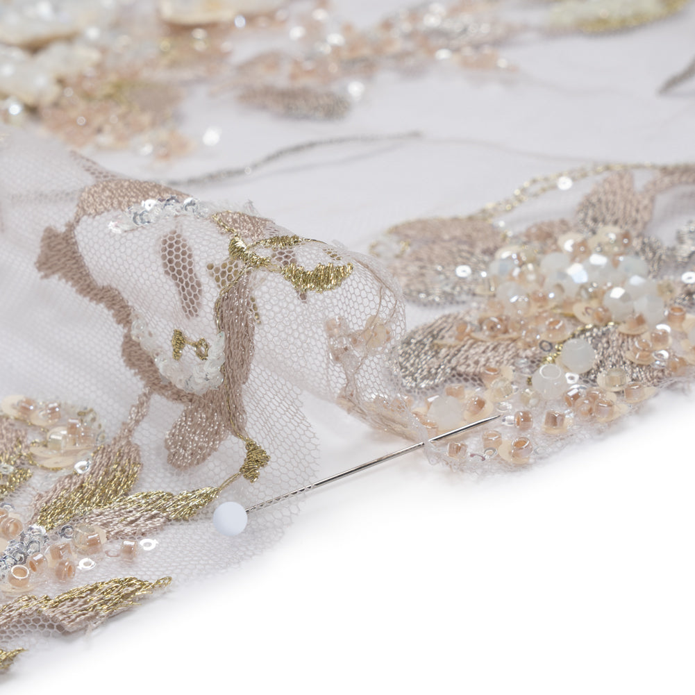 Embroidered and Beaded Tulle with 3D Satin Flowers - Taupe, Lemon and White Flowering Branches Detail Embroidered and Beaded Tulle with 3D Satin Flowers - Taupe, Lemon and White Flowering Branches Detail