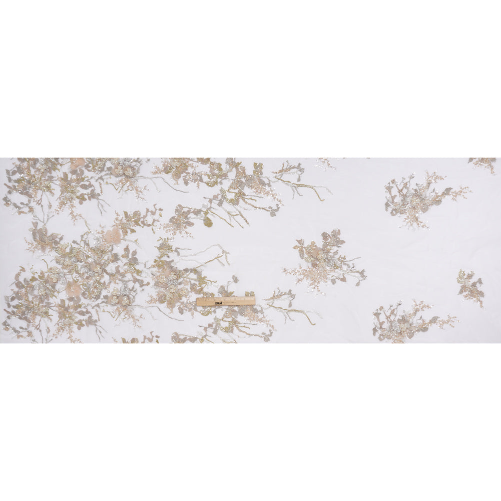 Embroidered and Beaded Tulle with 3D Satin Flowers - Taupe, Lemon and White Flowering Branches - Full Embroidered and Beaded Tulle with 3D Satin Flowers - Taupe, Lemon and White Flowering Branches - Full