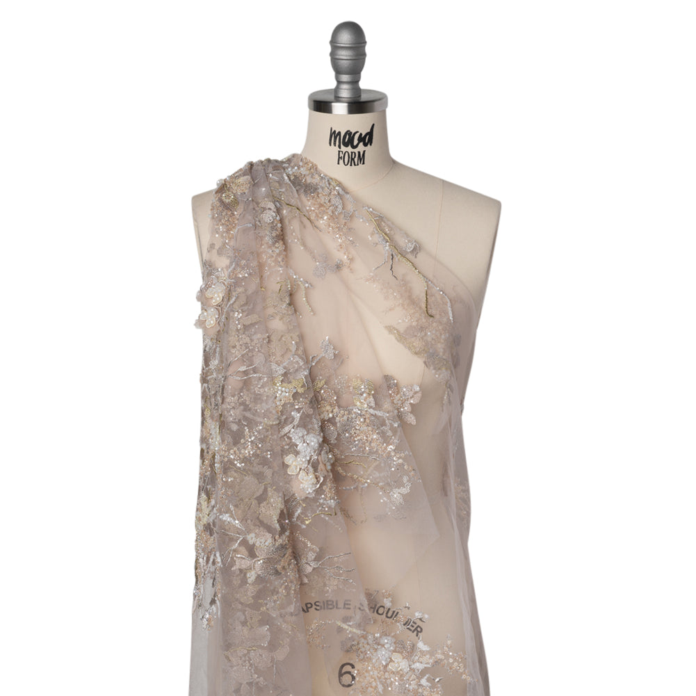 Embroidered and Beaded Tulle with 3D Satin Flowers - Taupe, Lemon and White Flowering Branches Drape Embroidered and Beaded Tulle with 3D Satin Flowers - Taupe, Lemon and White Flowering Branches Drape