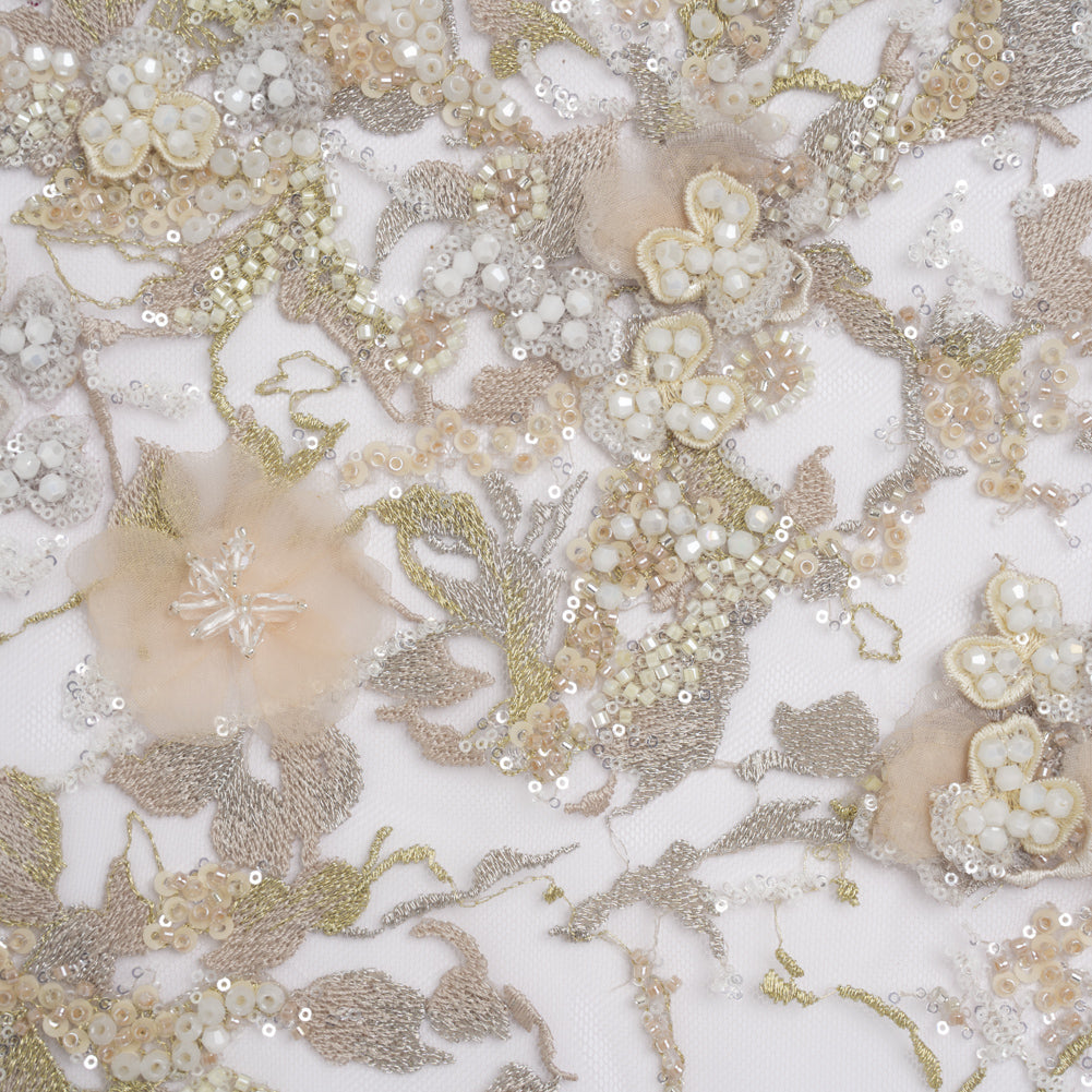 Embroidered and Beaded Tulle with 3D Satin Flowers - Taupe, Lemon and White Flowering Branches Embroidered and Beaded Tulle with 3D Satin Flowers - Taupe, Lemon and White Flowering Branches