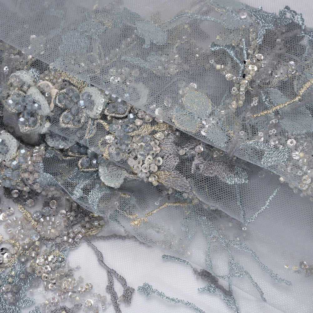 Embroidered and Beaded Tulle with 3D Satin Flowers - Light Blue, Lilac, and Gold Flowering Branches Folded Embroidered and Beaded Tulle with 3D Satin Flowers - Light Blue, Lilac, and Gold Flowering Branches Folded