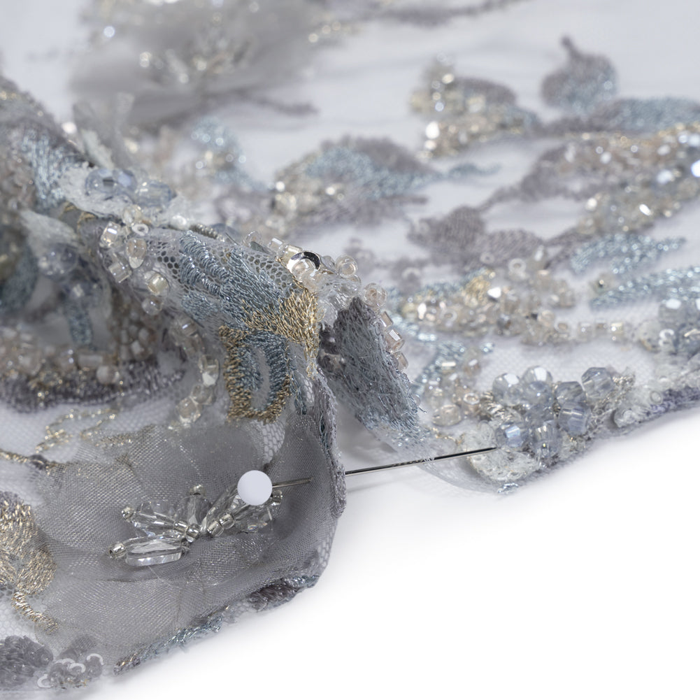 Embroidered and Beaded Tulle with 3D Satin Flowers - Light Blue, Lilac, and Gold Flowering Branches Detail Embroidered and Beaded Tulle with 3D Satin Flowers - Light Blue, Lilac, and Gold Flowering Branches Detail