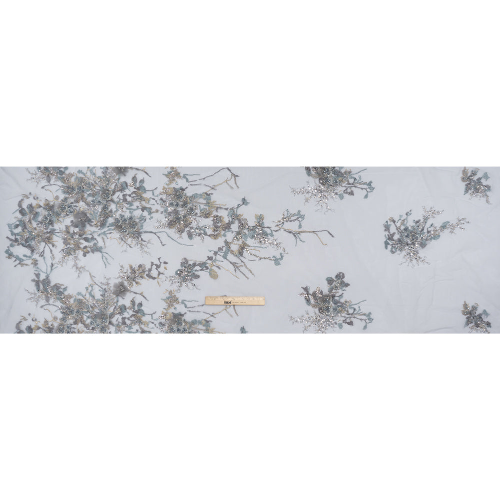 Embroidered and Beaded Tulle with 3D Satin Flowers - Light Blue, Lilac, and Gold Flowering Branches - Full Embroidered and Beaded Tulle with 3D Satin Flowers - Light Blue, Lilac, and Gold Flowering Branches - Full