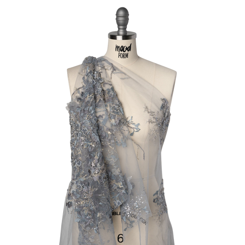 Embroidered and Beaded Tulle with 3D Satin Flowers - Light Blue, Lilac, and Gold Flowering Branches Drape Embroidered and Beaded Tulle with 3D Satin Flowers - Light Blue, Lilac, and Gold Flowering Branches Drape
