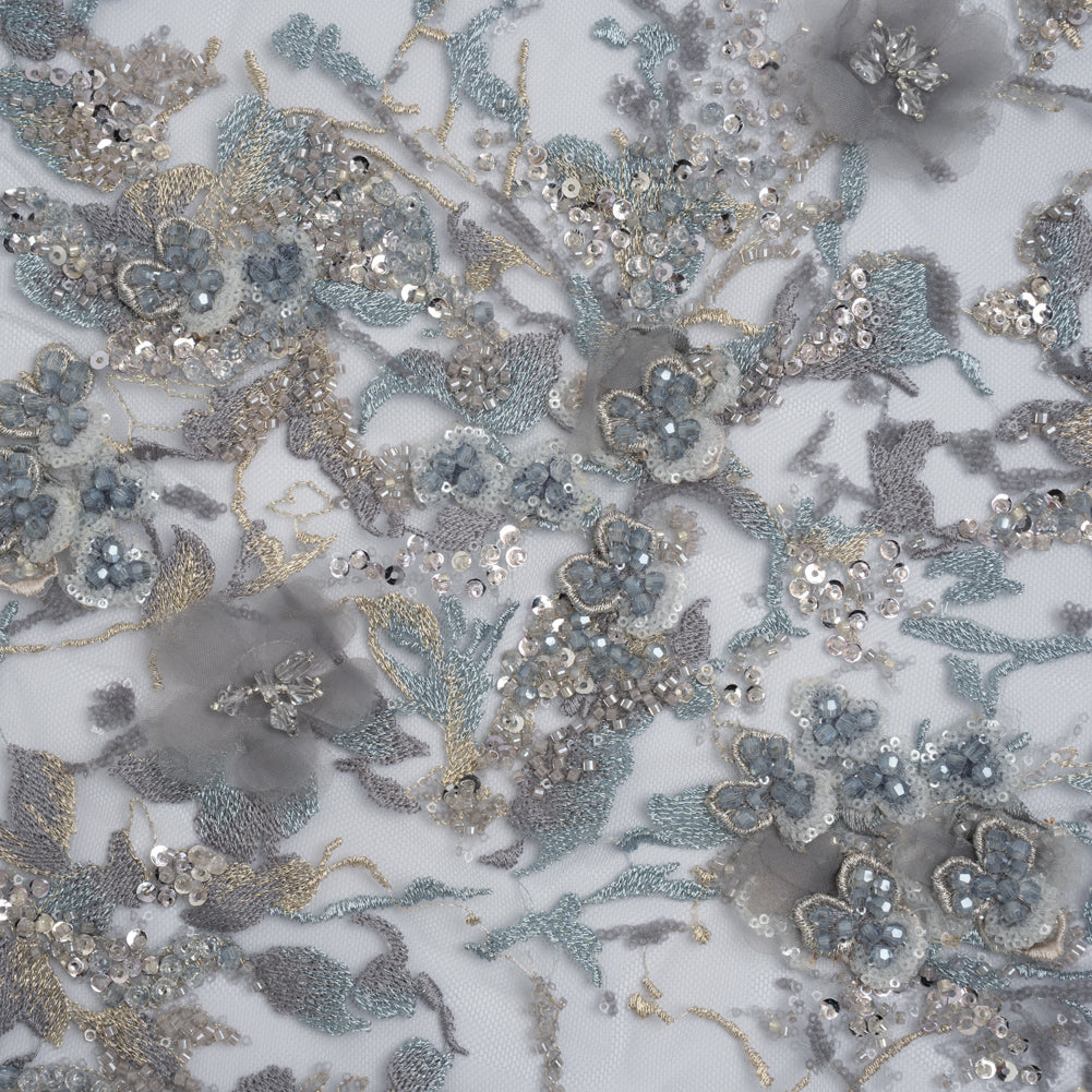 Embroidered and Beaded Tulle with 3D Satin Flowers - Light Blue, Lilac, and Gold Flowering Branches Embroidered and Beaded Tulle with 3D Satin Flowers - Light Blue, Lilac, and Gold Flowering Branches