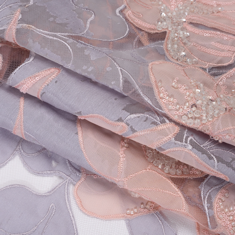 Beaded and Embroidered Tulle with Burnout Fabric Appliques - Mauve, Lilac, and Baby Pink Tropical Garden Folded Beaded and Embroidered Tulle with Burnout Fabric Appliques - Mauve, Lilac, and Baby Pink Tropical Garden Folded