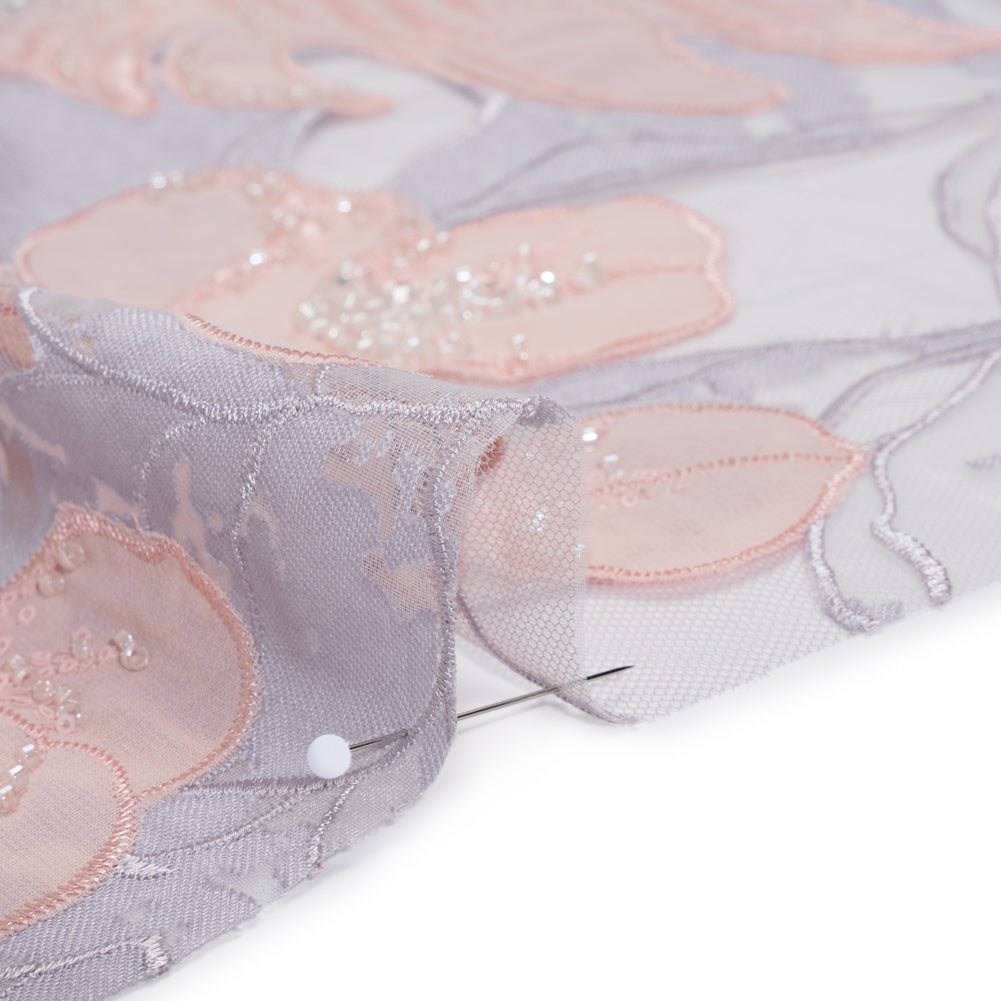 Beaded and Embroidered Tulle with Burnout Fabric Appliques - Mauve, Lilac, and Baby Pink Tropical Garden Detail Beaded and Embroidered Tulle with Burnout Fabric Appliques - Mauve, Lilac, and Baby Pink Tropical Garden Detail