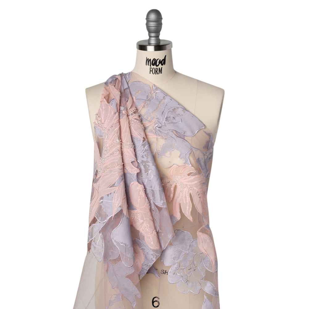 Beaded and Embroidered Tulle with Burnout Fabric Appliques - Mauve, Lilac, and Baby Pink Tropical Garden Drape Beaded and Embroidered Tulle with Burnout Fabric Appliques - Mauve, Lilac, and Baby Pink Tropical Garden Drape