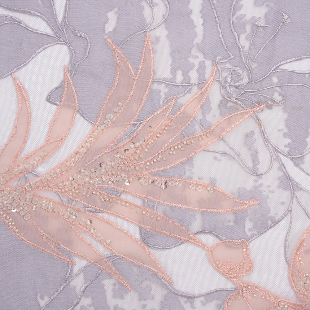 Beaded and Embroidered Tulle with Burnout Fabric Appliques - Mauve, Lilac, and Baby Pink Tropical Garden Beaded and Embroidered Tulle with Burnout Fabric Appliques - Mauve, Lilac, and Baby Pink Tropical Garden