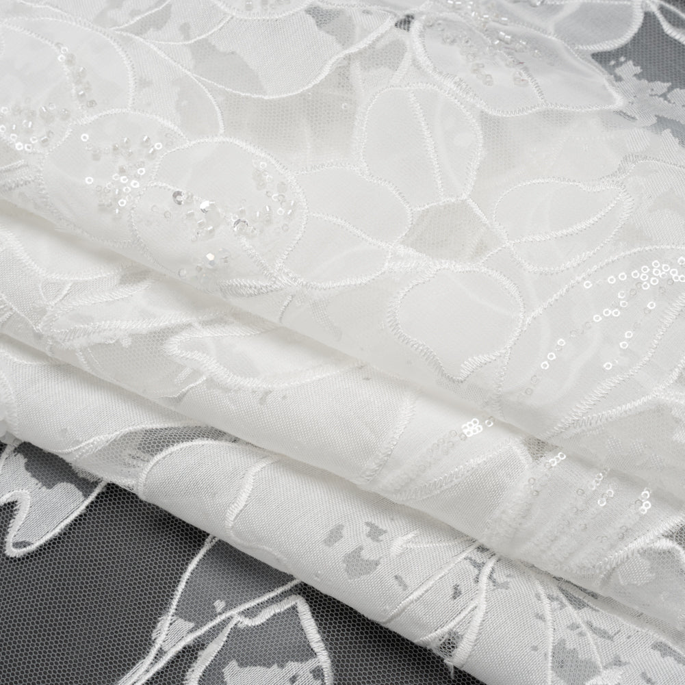 Beaded and Embroidered Tulle with Burnout Fabric Appliques - Off White Tropical Garden Folded Beaded and Embroidered Tulle with Burnout Fabric Appliques - Off White Tropical Garden Folded