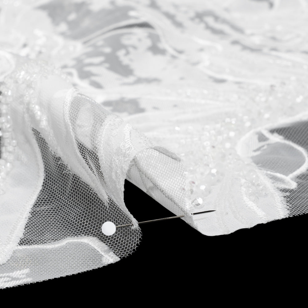 Beaded and Embroidered Tulle with Burnout Fabric Appliques - Off White Tropical Garden Detail Beaded and Embroidered Tulle with Burnout Fabric Appliques - Off White Tropical Garden Detail