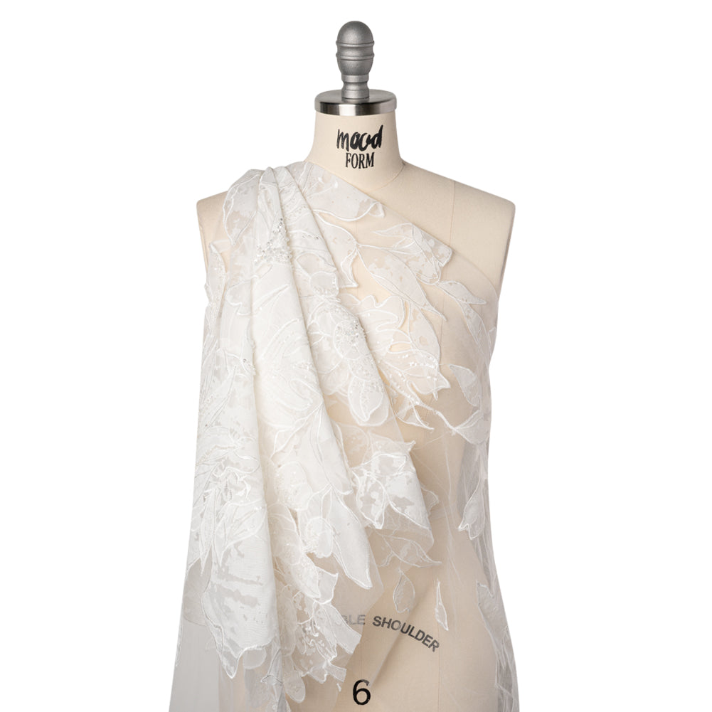 Beaded and Embroidered Tulle with Burnout Fabric Appliques - Off White Tropical Garden Drape Beaded and Embroidered Tulle with Burnout Fabric Appliques - Off White Tropical Garden Drape