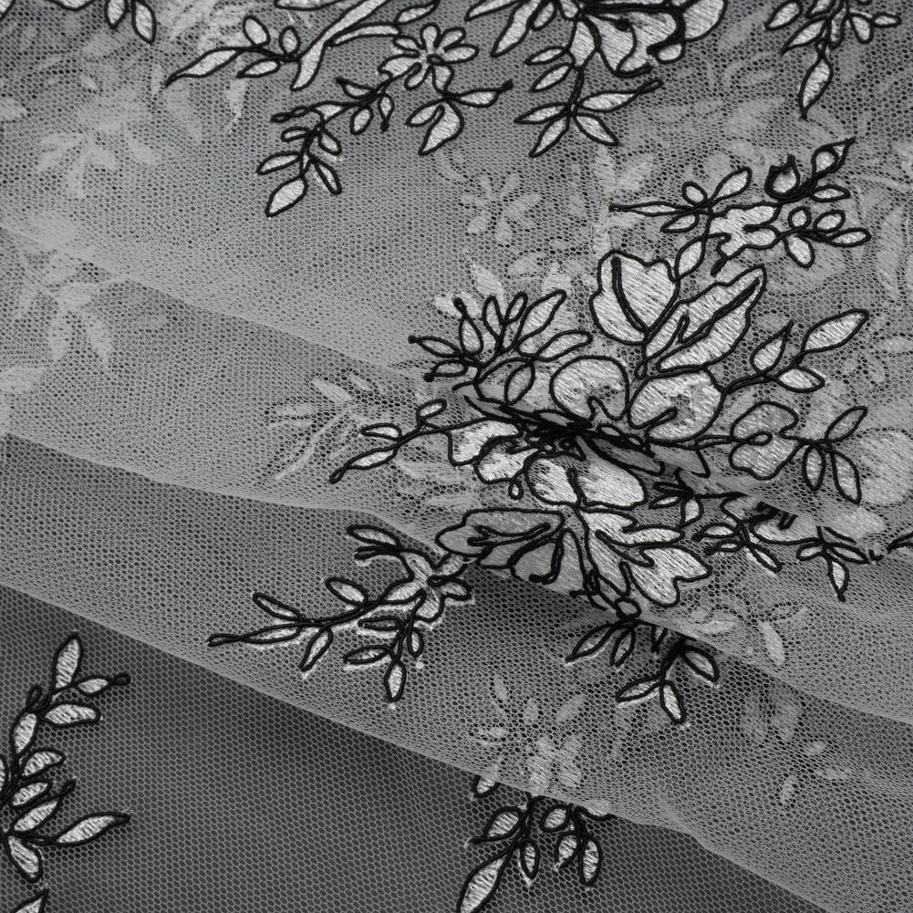 Corded Embroidered Tulle Lace with Scalloped Borders - Black and White Floral Folded Corded Embroidered Tulle Lace with Scalloped Borders - Black and White Floral Folded
