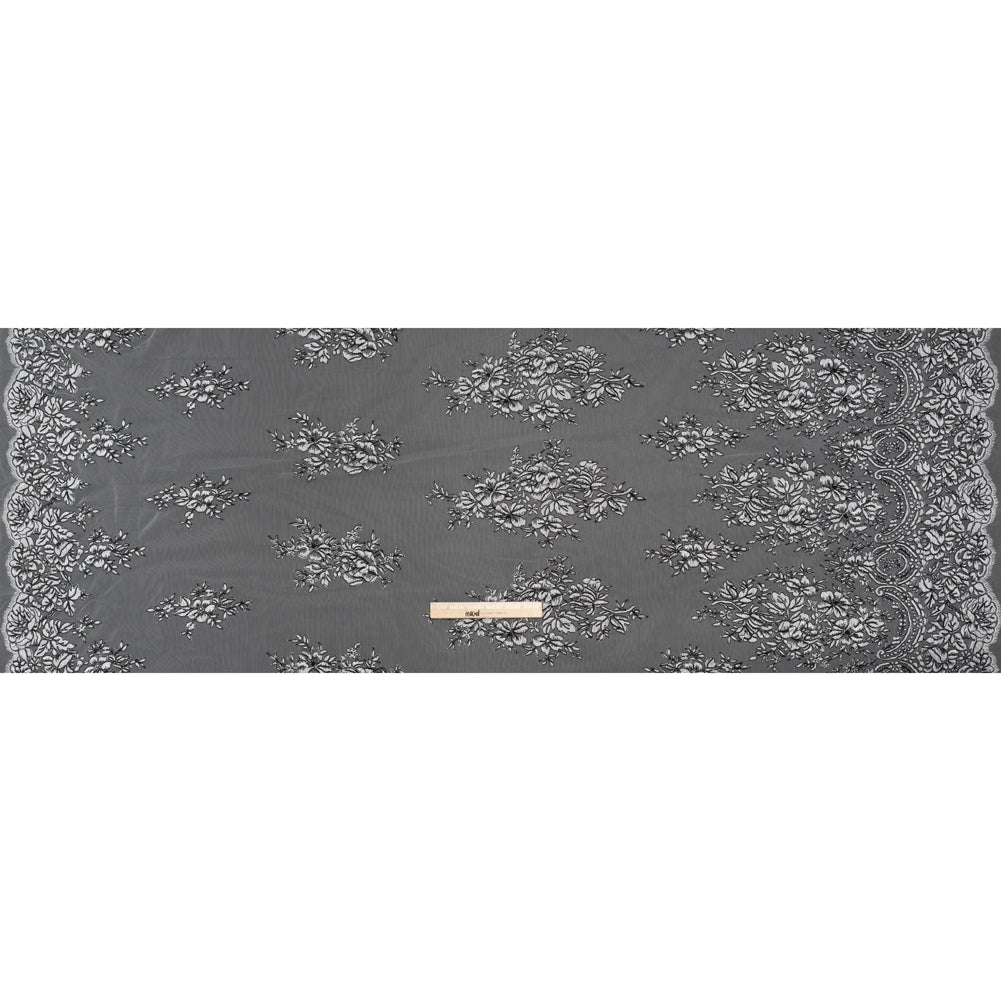 Corded Embroidered Tulle Lace with Scalloped Borders - Black and White Floral - Full Corded Embroidered Tulle Lace with Scalloped Borders - Black and White Floral - Full