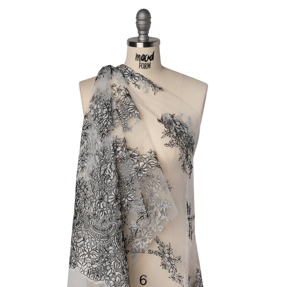Corded Embroidered Tulle Lace with Scalloped Borders - Black and White Floral Drape Corded Embroidered Tulle Lace with Scalloped Borders - Black and White Floral Drape
