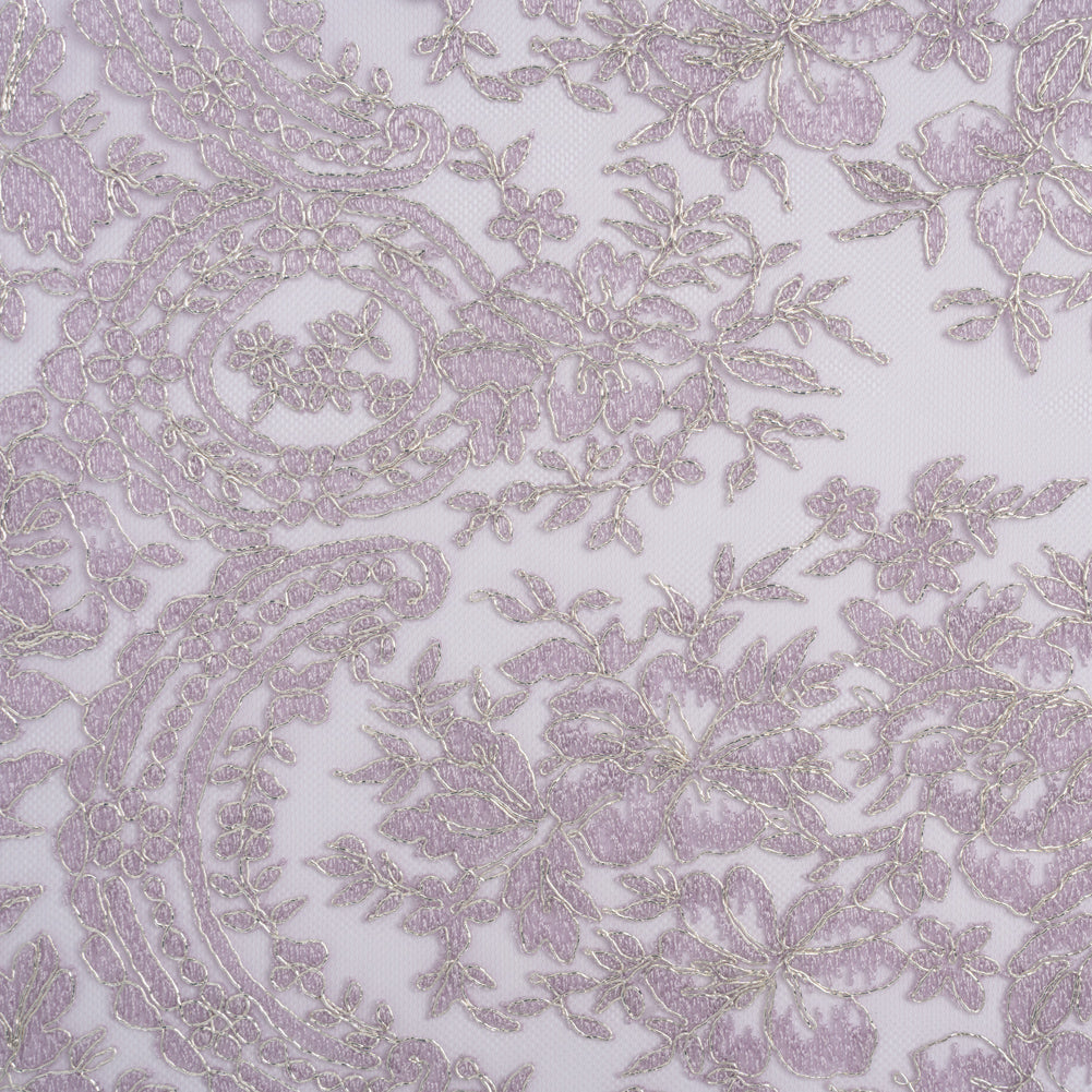 Corded Embroidered Tulle Lace with Scalloped Borders - Lilac and Silver Floral Corded Embroidered Tulle Lace with Scalloped Borders - Lilac and Silver Floral