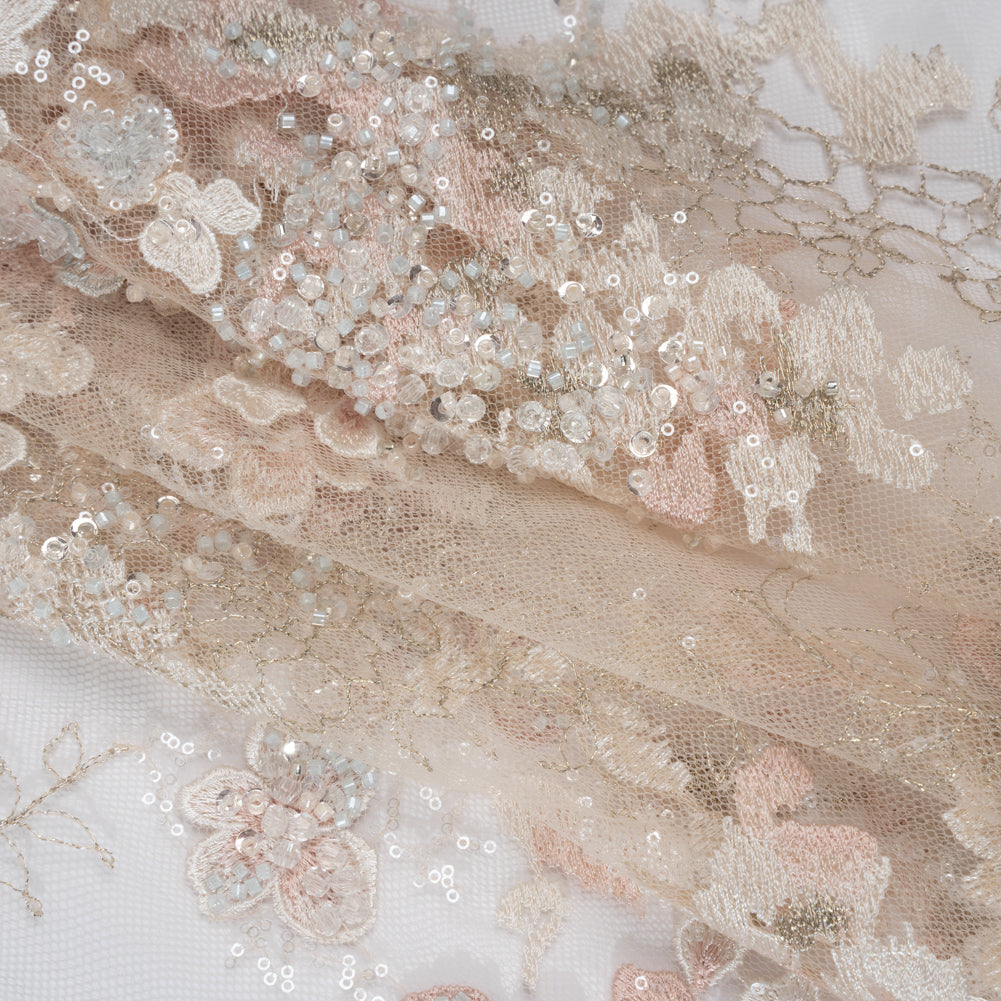 Beaded and Embroidered Tulle with 3D Fabric Flowers - Beige, Pink and White Blossoms Folded Beaded and Embroidered Tulle with 3D Fabric Flowers - Beige, Pink and White Blossoms Folded