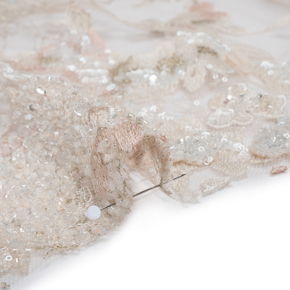 Beaded and Embroidered Tulle with 3D Fabric Flowers - Beige, Pink and White Blossoms Detail Beaded and Embroidered Tulle with 3D Fabric Flowers - Beige, Pink and White Blossoms Detail