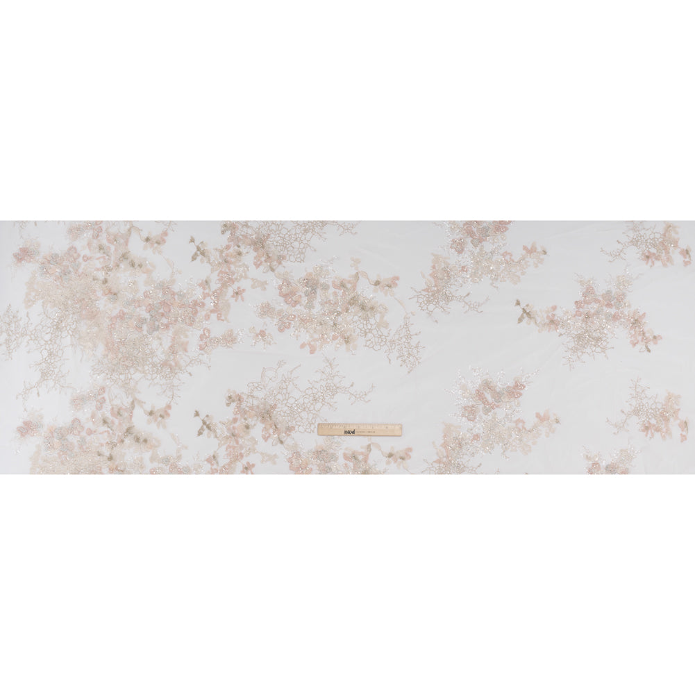 Beaded and Embroidered Tulle with 3D Fabric Flowers - Beige, Pink and White Blossoms - Full Beaded and Embroidered Tulle with 3D Fabric Flowers - Beige, Pink and White Blossoms - Full