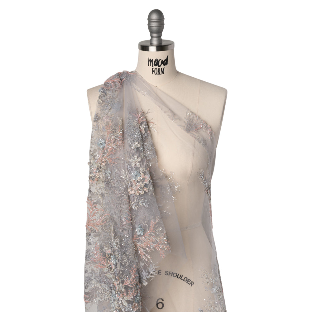 Beaded and Embroidered Tulle with 3D Appliques - Light Blue, Pink and Gold Fanciful Floral Sprays Drape Beaded and Embroidered Tulle with 3D Appliques - Light Blue, Pink and Gold Fanciful Floral Sprays Drape
