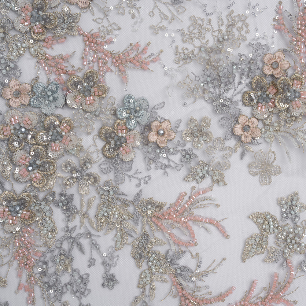 Beaded and Embroidered Tulle with 3D Appliques - Light Blue, Pink and Gold Fanciful Floral Sprays Beaded and Embroidered Tulle with 3D Appliques - Light Blue, Pink and Gold Fanciful Floral Sprays