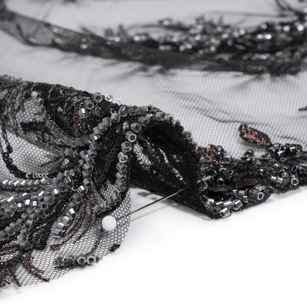 Beaded and Embroidered Tulle with 3D Appliques - Black and Bronze Fanciful Floral Sprays Detail Beaded and Embroidered Tulle with 3D Appliques - Black and Bronze Fanciful Floral Sprays Detail
