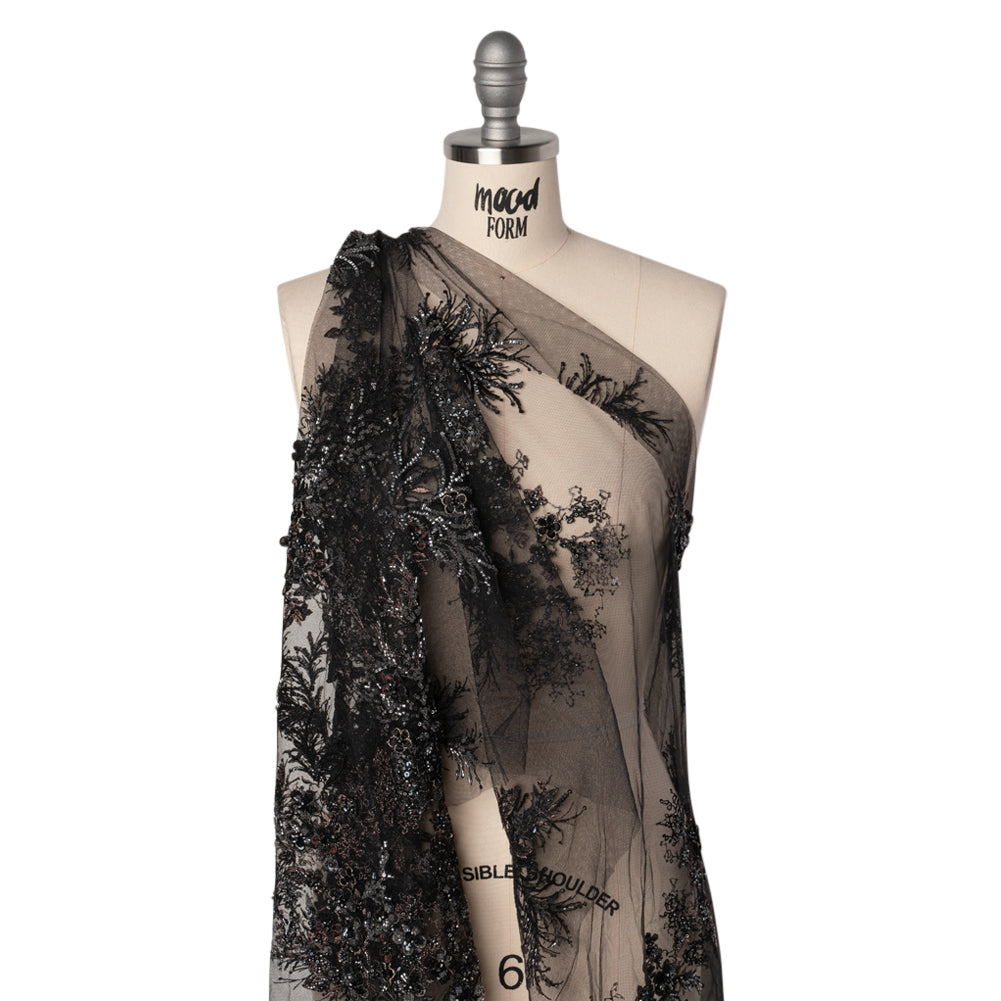 Beaded and Embroidered Tulle with 3D Appliques - Black and Bronze Fanciful Floral Sprays Drape Beaded and Embroidered Tulle with 3D Appliques - Black and Bronze Fanciful Floral Sprays Drape