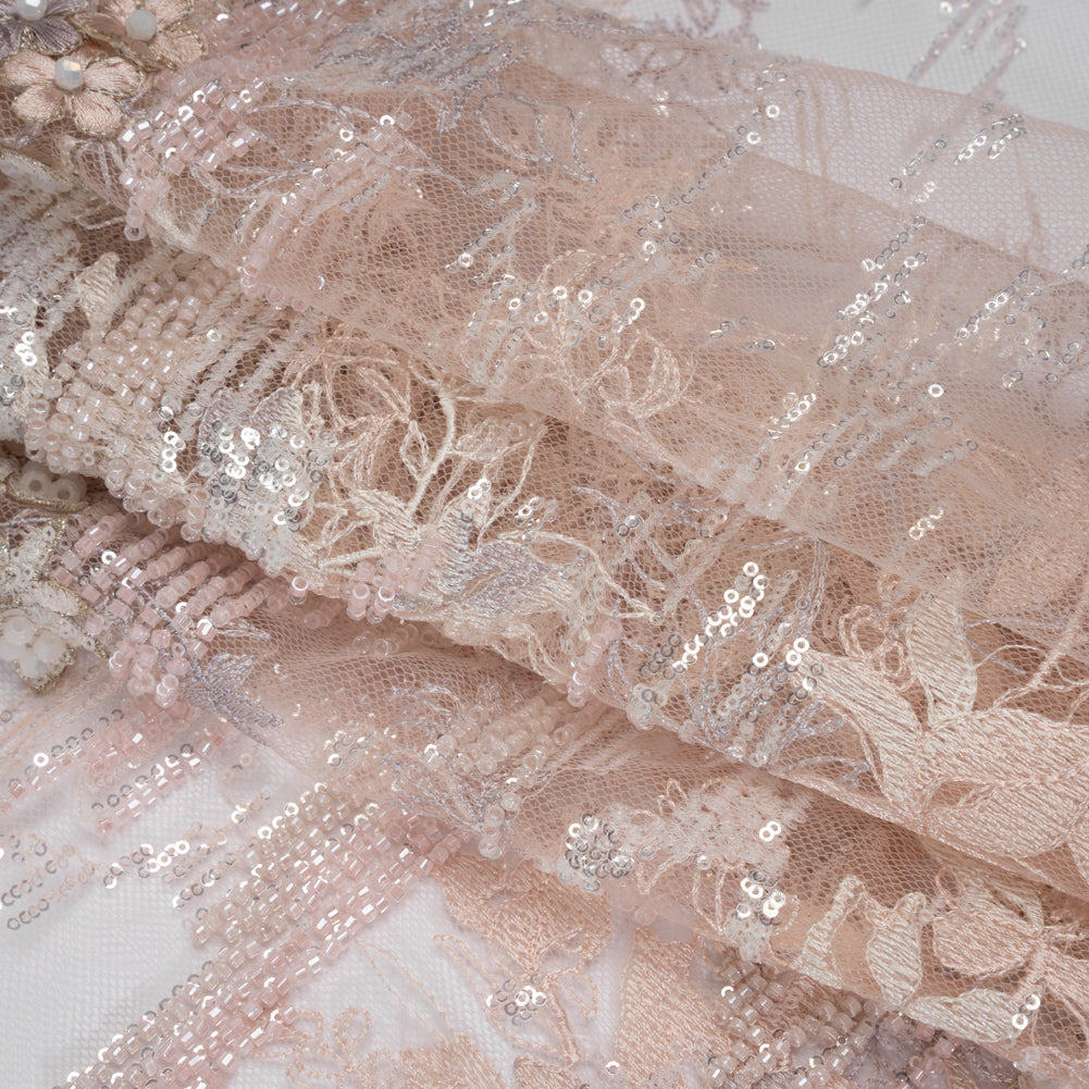 Beaded and Embroidered Tulle with 3D Appliques - Beige and Pink Floral Reflections Folded Beaded and Embroidered Tulle with 3D Appliques - Beige and Pink Floral Reflections Folded