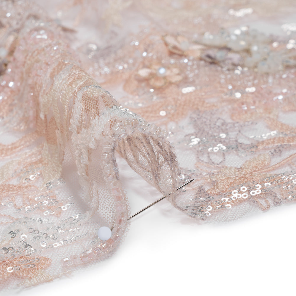 Beaded and Embroidered Tulle with 3D Appliques - Beige and Pink Floral Reflections Detail Beaded and Embroidered Tulle with 3D Appliques - Beige and Pink Floral Reflections Detail