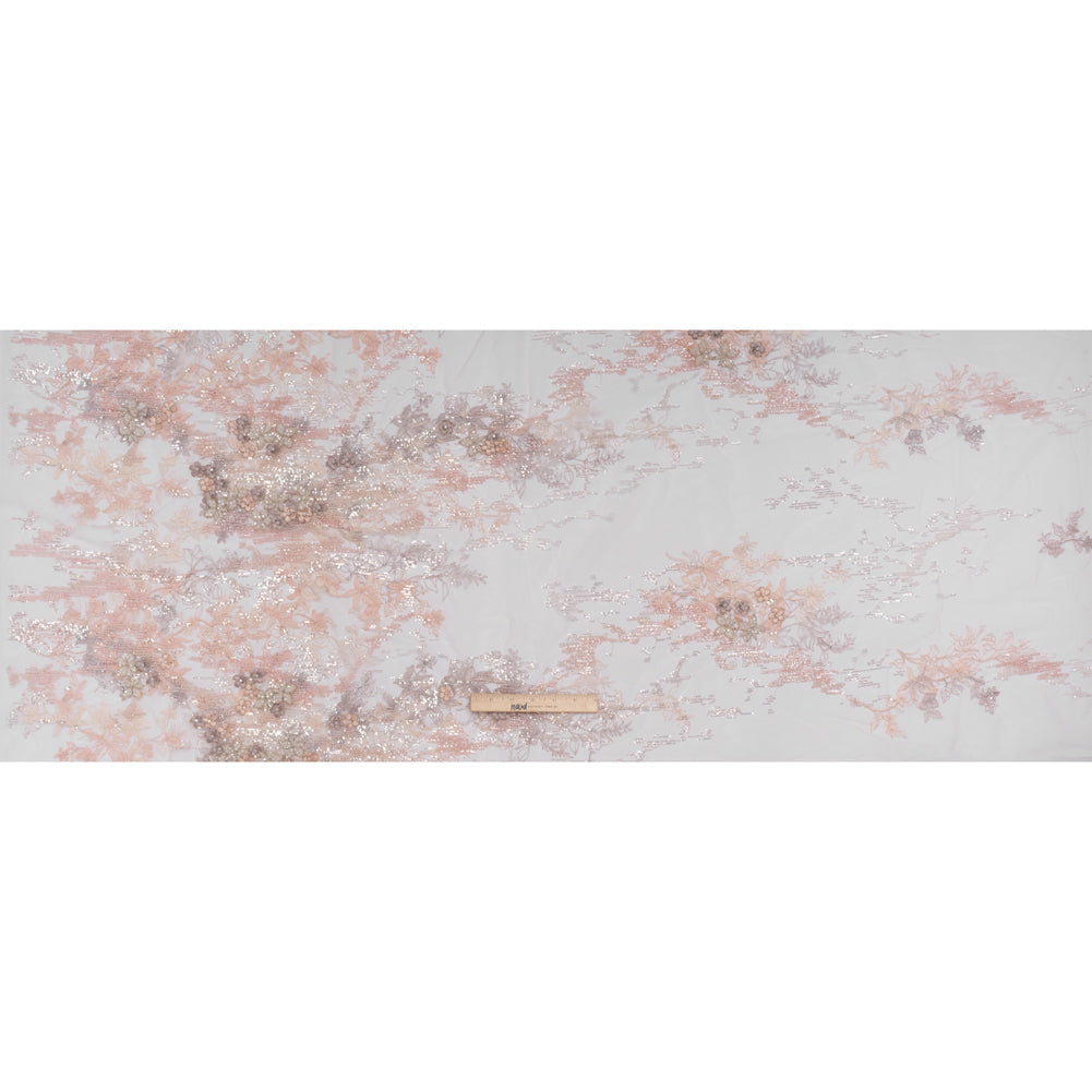 Beaded and Embroidered Tulle with 3D Appliques - Beige and Pink Floral Reflections - Full Beaded and Embroidered Tulle with 3D Appliques - Beige and Pink Floral Reflections - Full