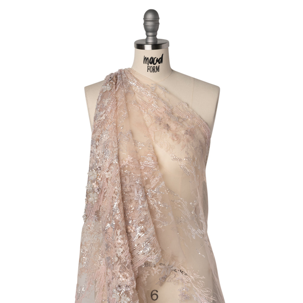 Beaded and Embroidered Tulle with 3D Appliques - Beige and Pink Floral Reflections Drape Beaded and Embroidered Tulle with 3D Appliques - Beige and Pink Floral Reflections Drape