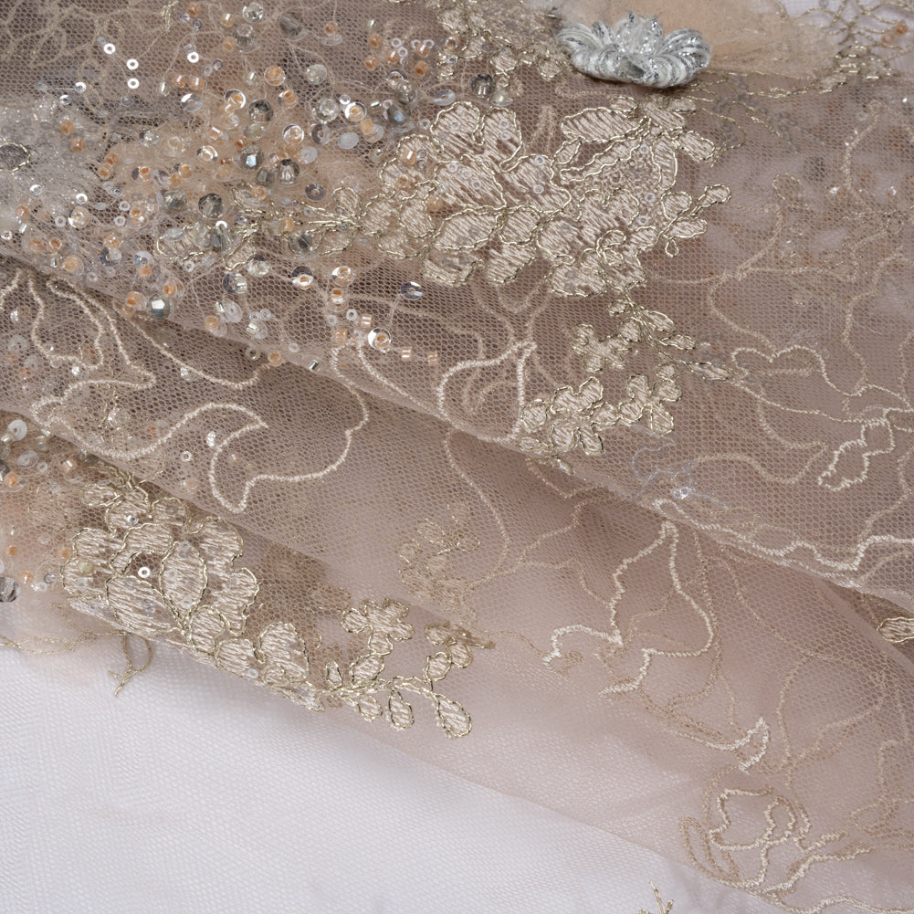 Embroidered and Beaded Tulle with 3D Ribbon Flowers and Finished Edge - Taupe, Beige and Gray Fancy Flower Folded Embroidered and Beaded Tulle with 3D Ribbon Flowers and Finished Edge - Taupe, Beige and Gray Fancy Flower Folded