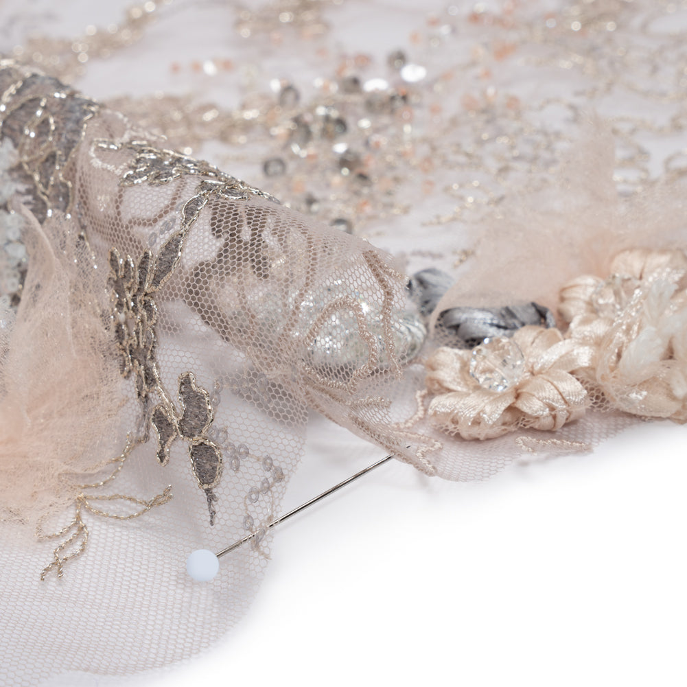 Embroidered and Beaded Tulle with 3D Ribbon Flowers and Finished Edge - Taupe, Beige and Gray Fancy Flower Detail Embroidered and Beaded Tulle with 3D Ribbon Flowers and Finished Edge - Taupe, Beige and Gray Fancy Flower Detail