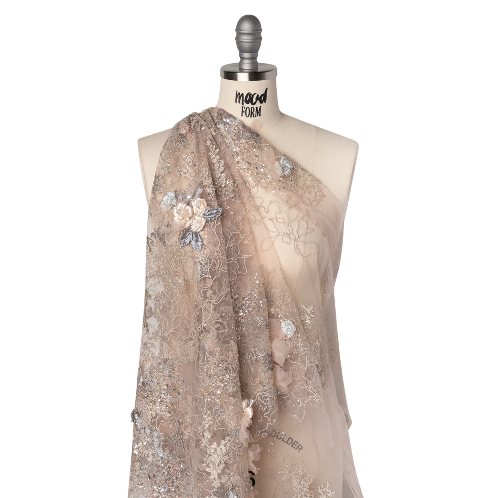 Embroidered and Beaded Tulle with 3D Ribbon Flowers and Finished Edge - Taupe, Beige and Gray Fancy Flower Drape Embroidered and Beaded Tulle with 3D Ribbon Flowers and Finished Edge - Taupe, Beige and Gray Fancy Flower Drape