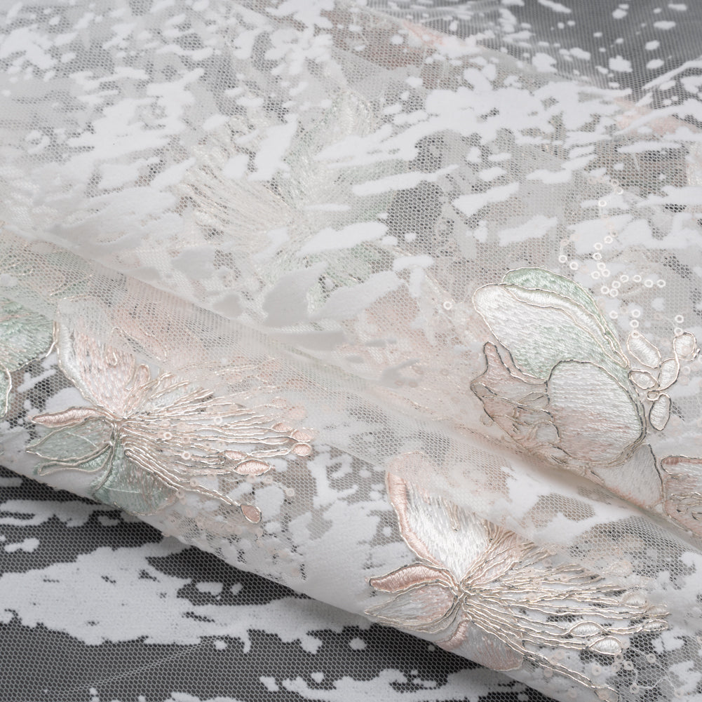 Embroidered Abstract Flocked Tulle with Baby Sequins - Off White, Pale Pink and Mint Floral Folded Embroidered Abstract Flocked Tulle with Baby Sequins - Off White, Pale Pink and Mint Floral Folded