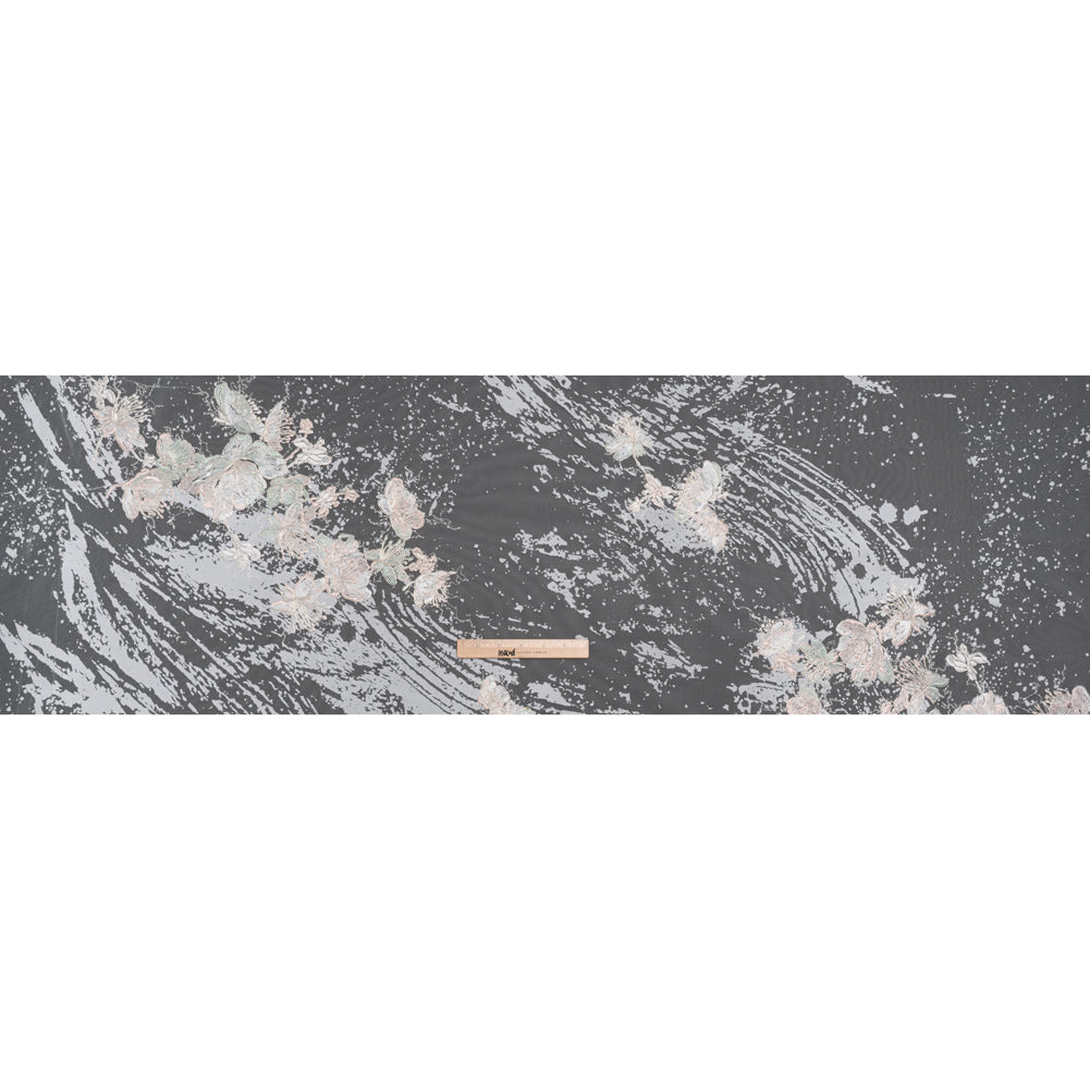 Embroidered Abstract Flocked Tulle with Baby Sequins - Off White, Pale Pink and Mint Floral - Full Embroidered Abstract Flocked Tulle with Baby Sequins - Off White, Pale Pink and Mint Floral - Full