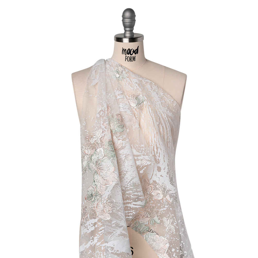 Embroidered Abstract Flocked Tulle with Baby Sequins - Off White, Pale Pink and Mint Floral Drape Embroidered Abstract Flocked Tulle with Baby Sequins - Off White, Pale Pink and Mint Floral Drape
