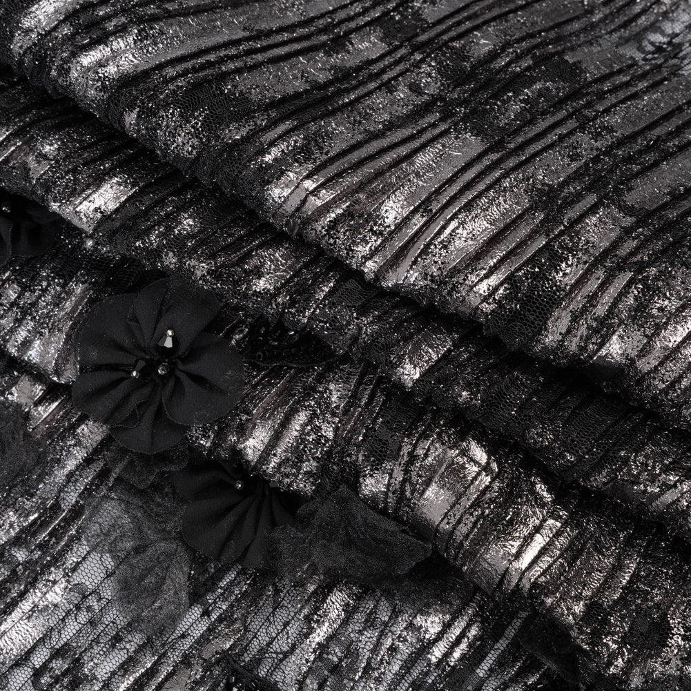 Foiled Plisse Lace with Beaded and Embroidered 3D Fabric Flowers and Leaves - Black and Silver Floral Folded Foiled Plisse Lace with Beaded and Embroidered 3D Fabric Flowers and Leaves - Black and Silver Floral Folded