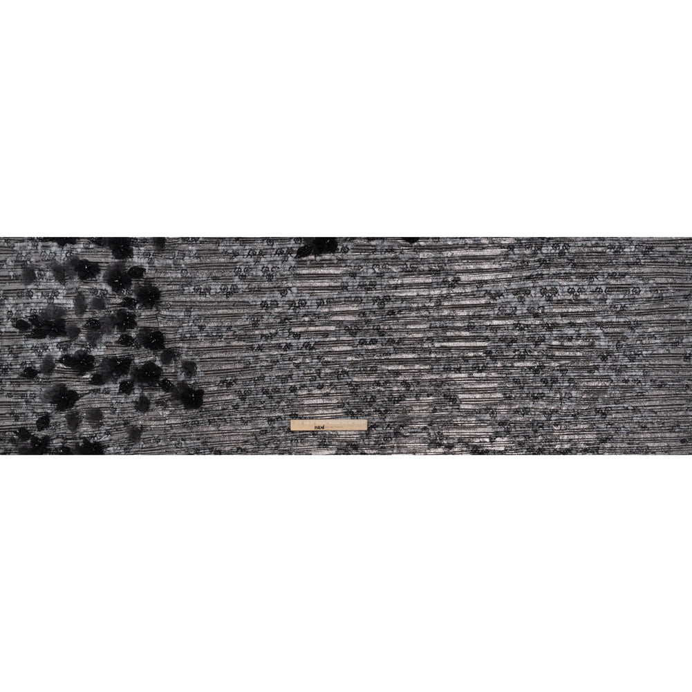 Foiled Plisse Lace with Beaded and Embroidered 3D Fabric Flowers and Leaves - Black and Silver Floral - Full Foiled Plisse Lace with Beaded and Embroidered 3D Fabric Flowers and Leaves - Black and Silver Floral - Full