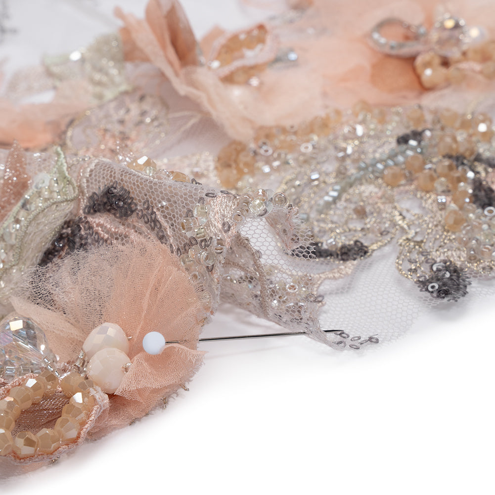 Embroidered and Beaded Tulle with 3D Fabric Flowers - Pale Pink, Peach and Gray Bold Blossoms Detail Embroidered and Beaded Tulle with 3D Fabric Flowers - Pale Pink, Peach and Gray Bold Blossoms Detail