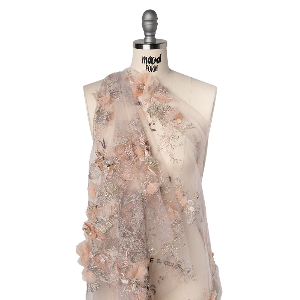 Embroidered and Beaded Tulle with 3D Fabric Flowers - Pale Pink, Peach and Gray Bold Blossoms Drape Embroidered and Beaded Tulle with 3D Fabric Flowers - Pale Pink, Peach and Gray Bold Blossoms Drape