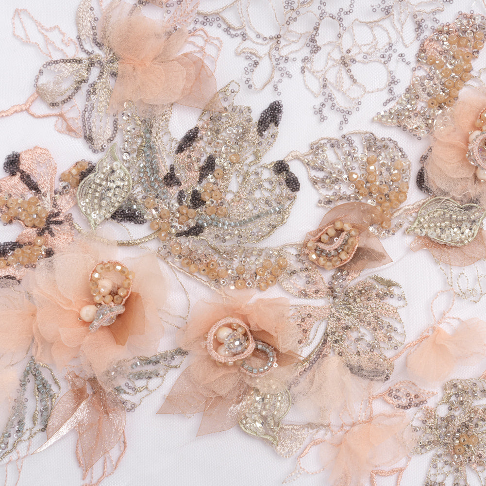 Embroidered and Beaded Tulle with 3D Fabric Flowers - Pale Pink, Peach and Gray Bold Blossoms Embroidered and Beaded Tulle with 3D Fabric Flowers - Pale Pink, Peach and Gray Bold Blossoms