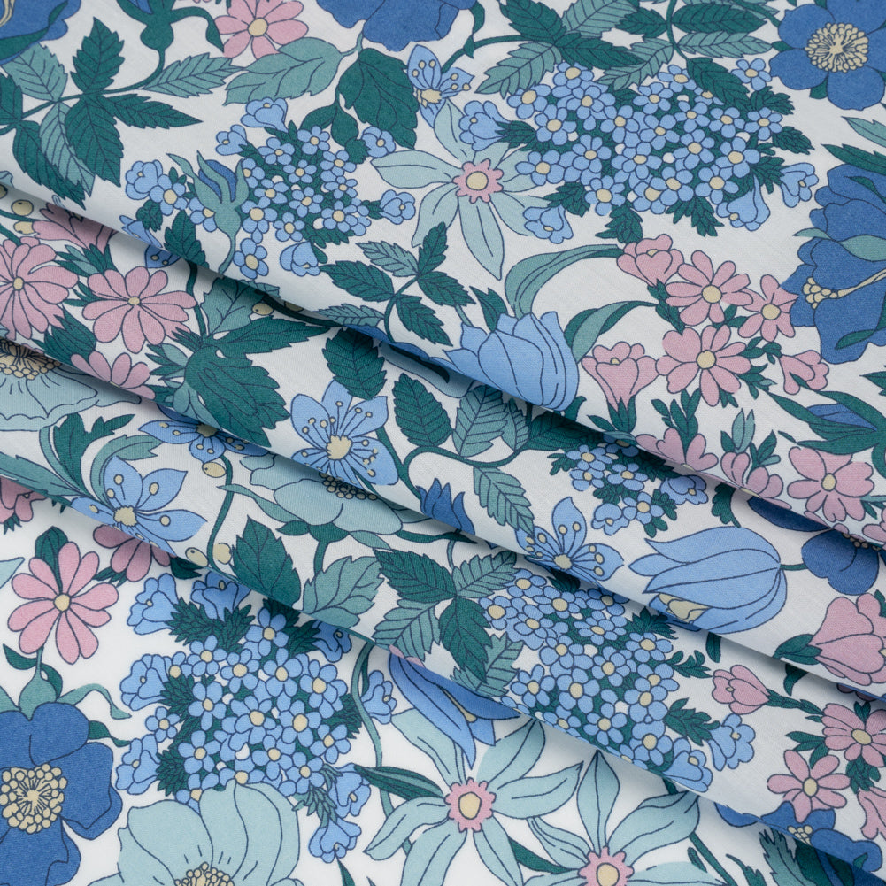 Liberty Fabrics Tana Lawn® - Clarabell Blue - Sky Blue, Teal and Baby Pink Floral Detail Liberty Fabrics Tana Lawn® - Clarabell Blue - Sky Blue, Teal and Baby Pink Floral Detail
