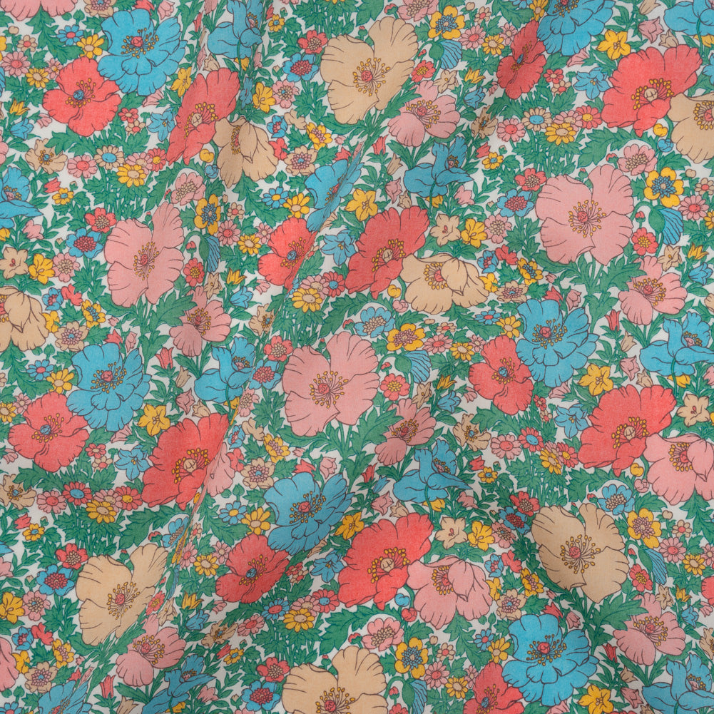 Liberty Fabrics Tana Lawn® - Meadow Song Green - Pink, Blue and Green Flower Field - Drape Liberty Fabrics Tana Lawn® - Meadow Song Green - Pink, Blue and Green Flower Field - Drape